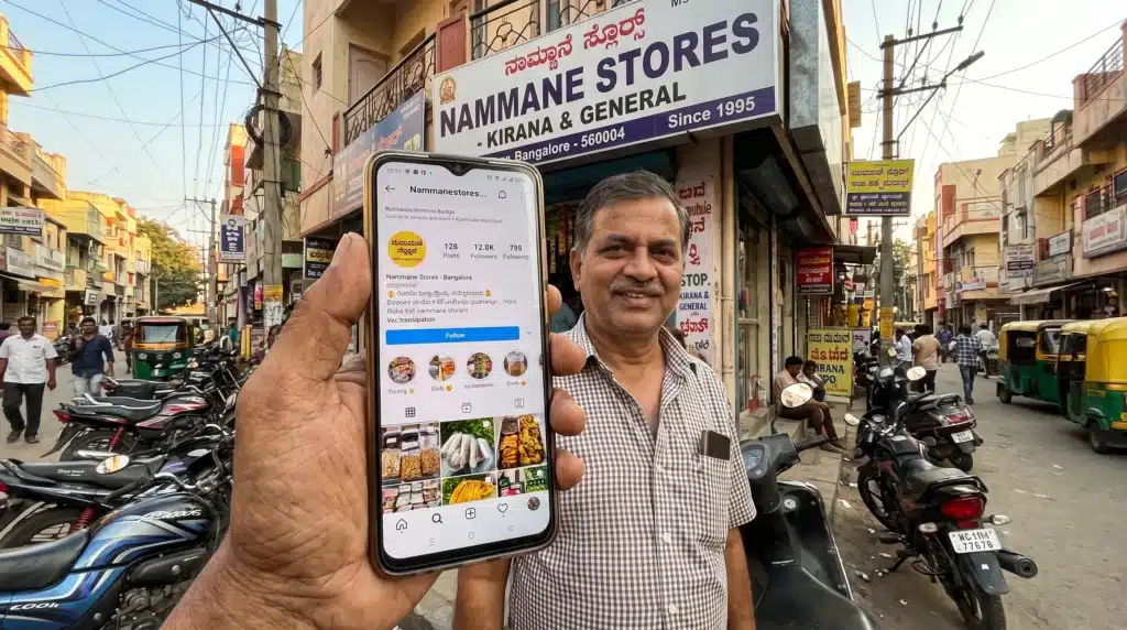 A Bangalore storefront and a phone showing a local business Instagram profile in a busy neighbourhood street.